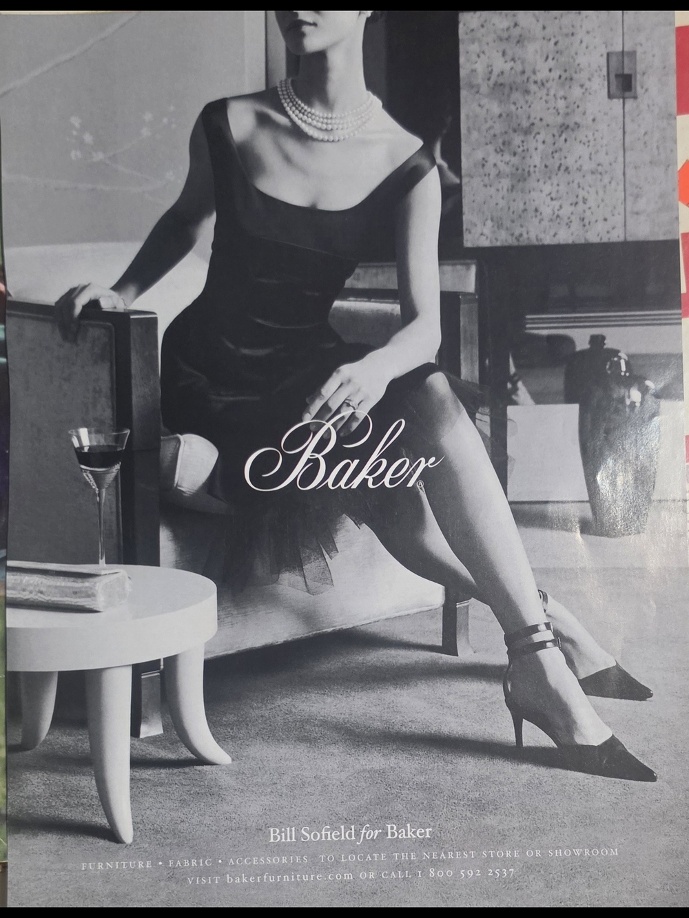 Baker Furniture vintage Print Ad featuring Model In black Coctail dress